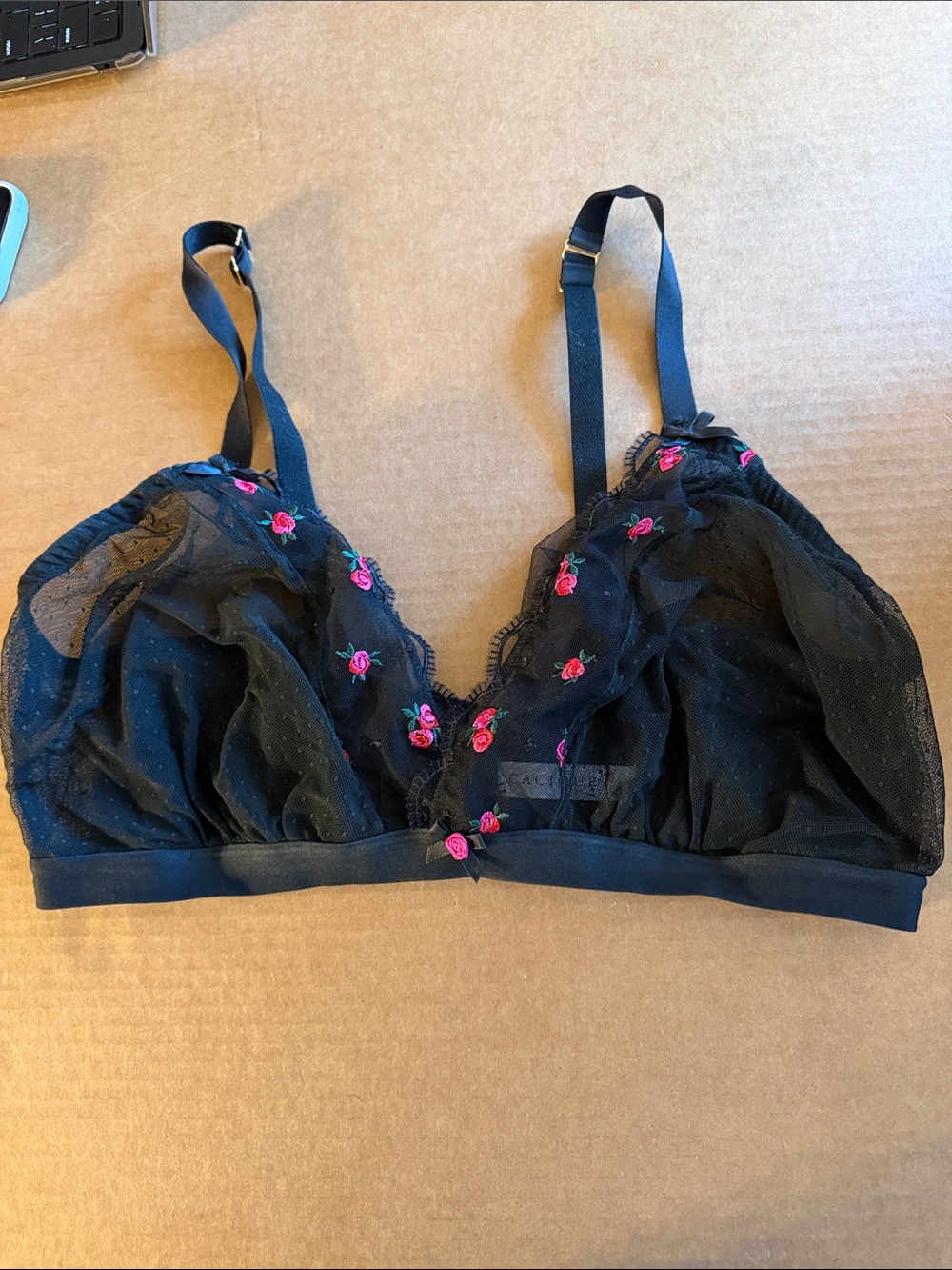 Cacique Black Sheer Mesh Bra with Pink Rose Embroidery size 42DDD